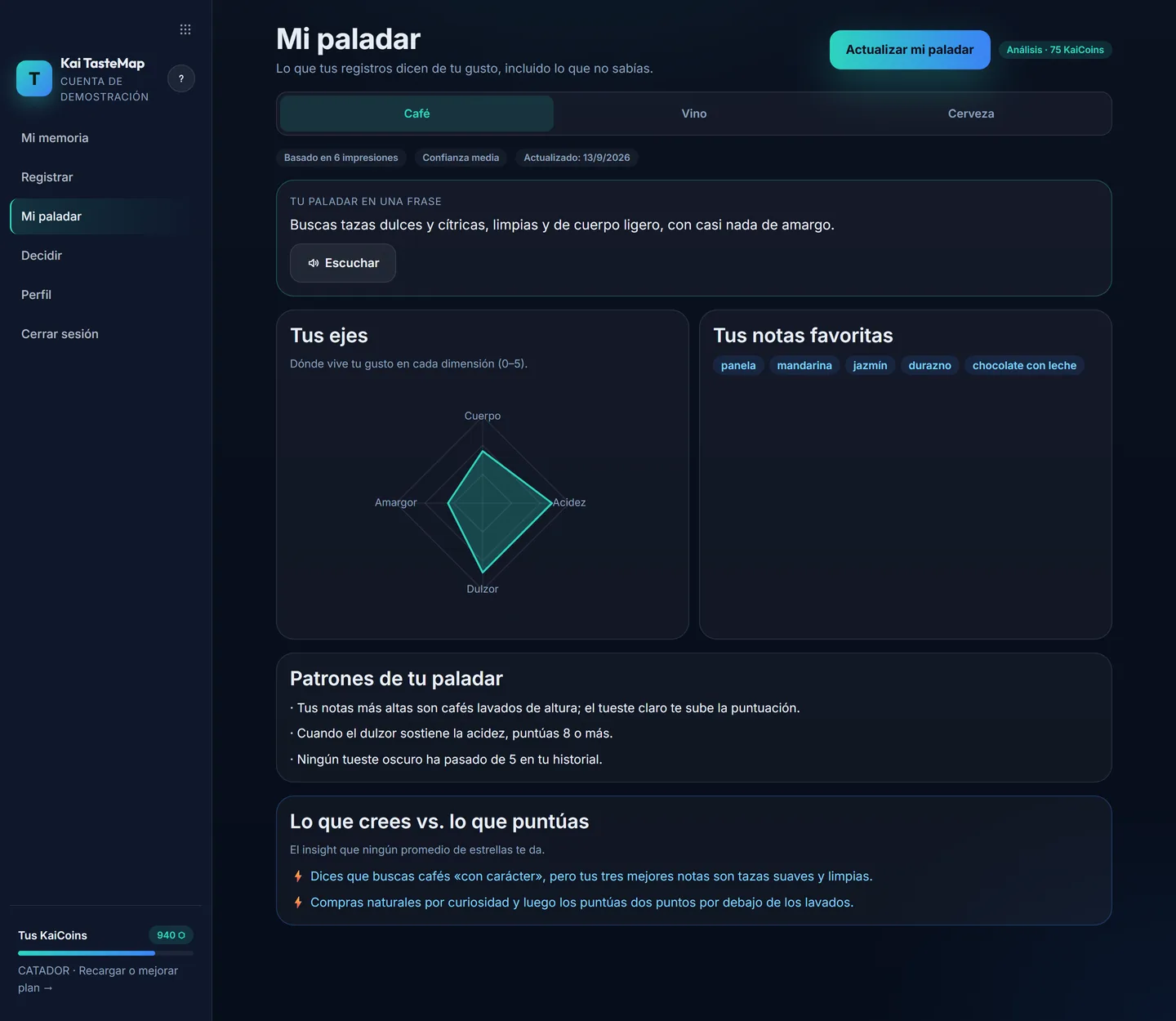Pantalla Mi paladar de Kai TasteMap con el radar de cuatro ejes, las notas favoritas y la sección de contradicciones.